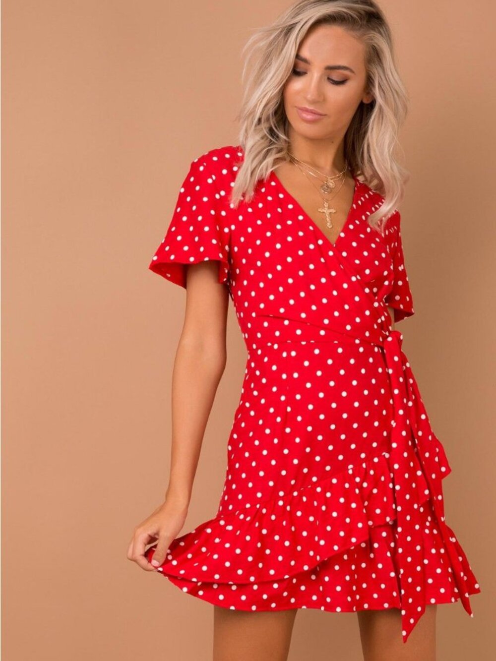Princess Polly Red White Polka Dot Short Sleeve Surplice Ruffle Wrap Mini Dress